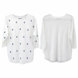 Luna White Navy Anchor Print Knit Top Medium Boat Neck 3/4 Sleeve Nautical